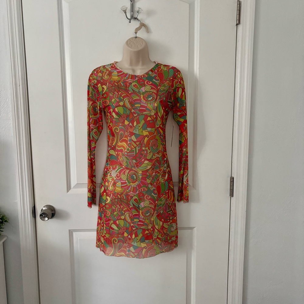 Forplay Colorful Long Sleeve Dress - Red, Green, Orange
